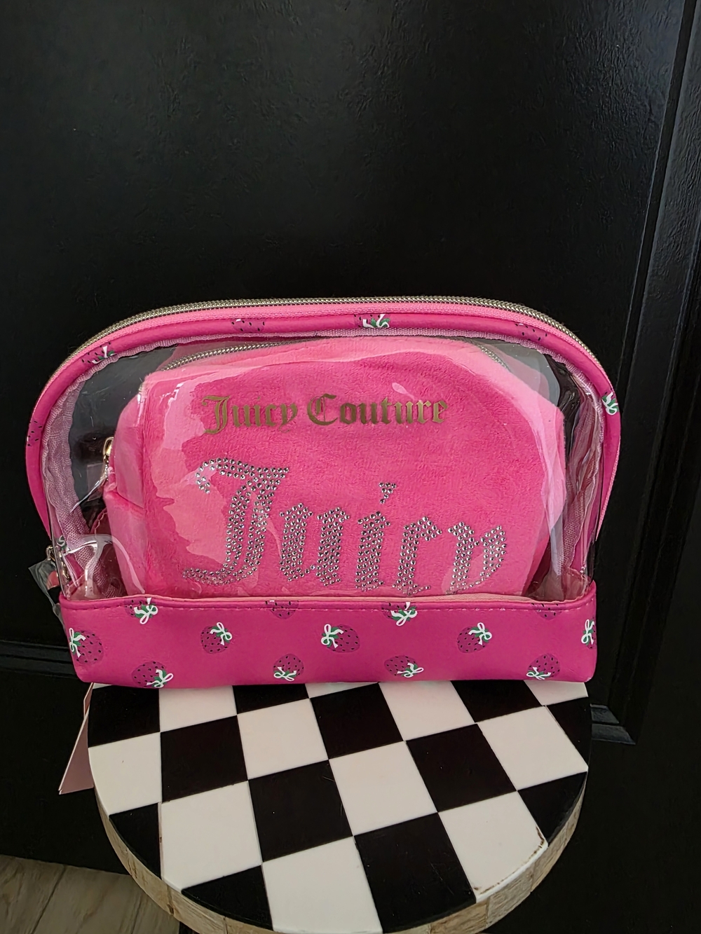 NWT Juicy Couture Clear Strawberry Print 3pc Travel Cosmetic Bag